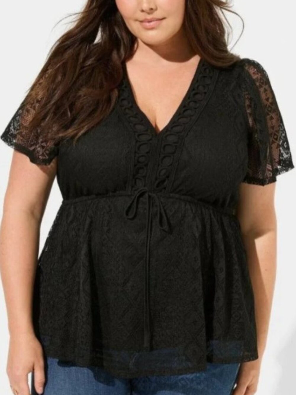 Torrid Size 2 (2X) Black Geometric Lace Peplum Top V Neck Flutter Sleeve Line